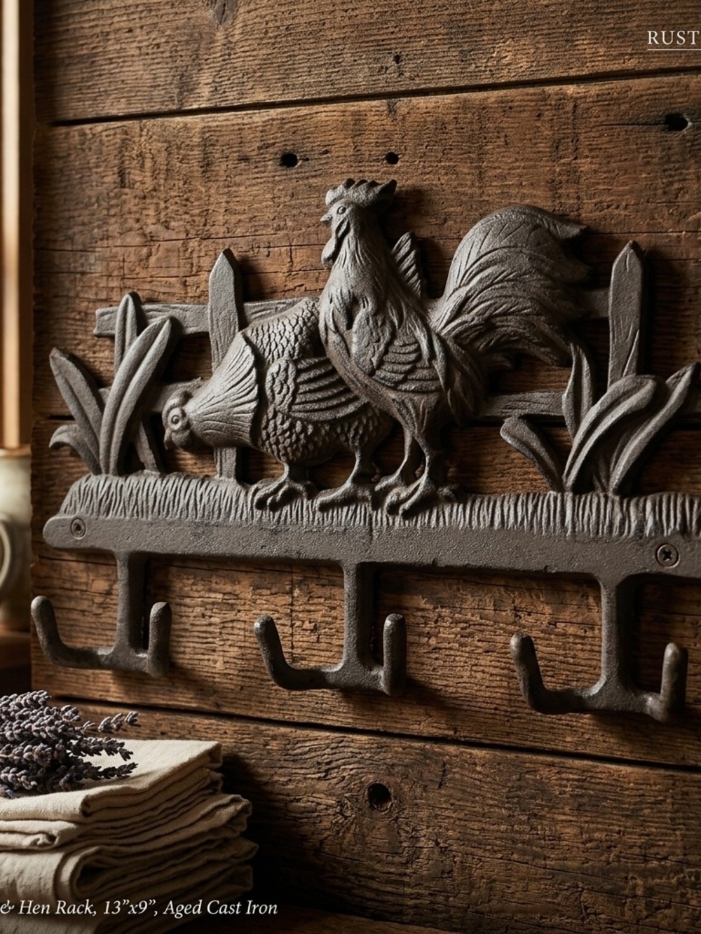 Vintage Cast Iron Rooster Wall Hook Rack 13”x9” Farmhouse Coat Hanger Heavy